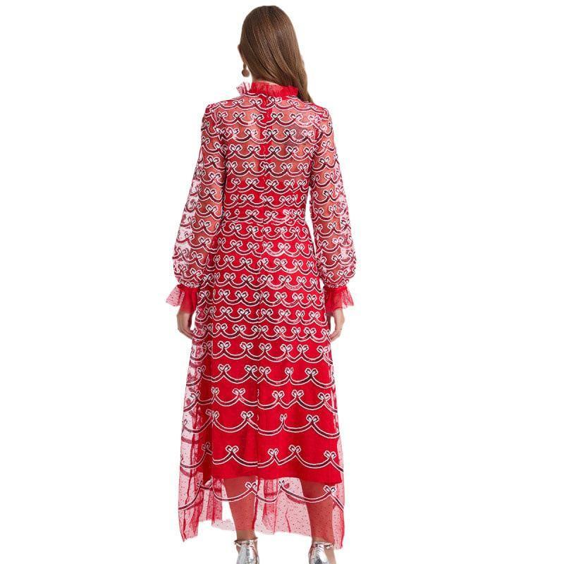 Long Sleeve Ruffle Neck Embroidered Mesh Maxi A-Line Dress Product Image