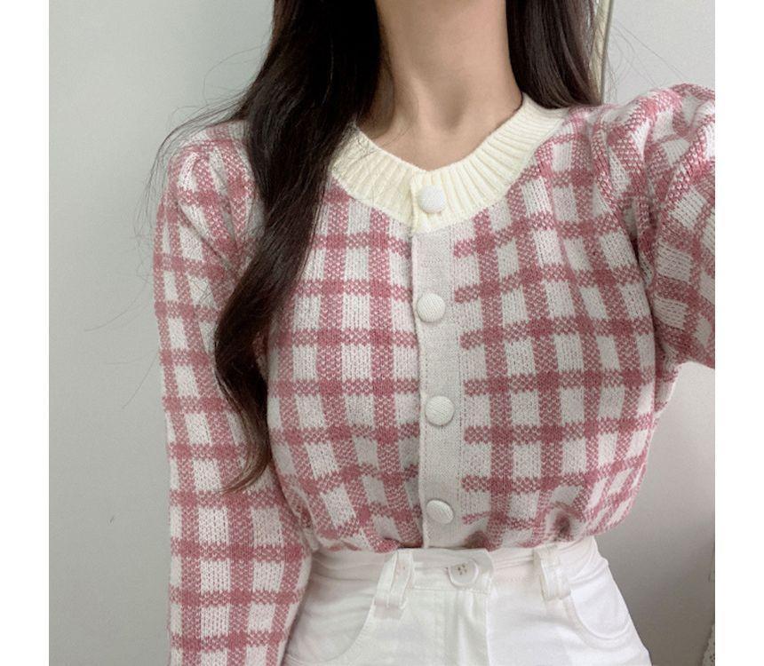 Crew Neck Plaid Cardigan Product Image