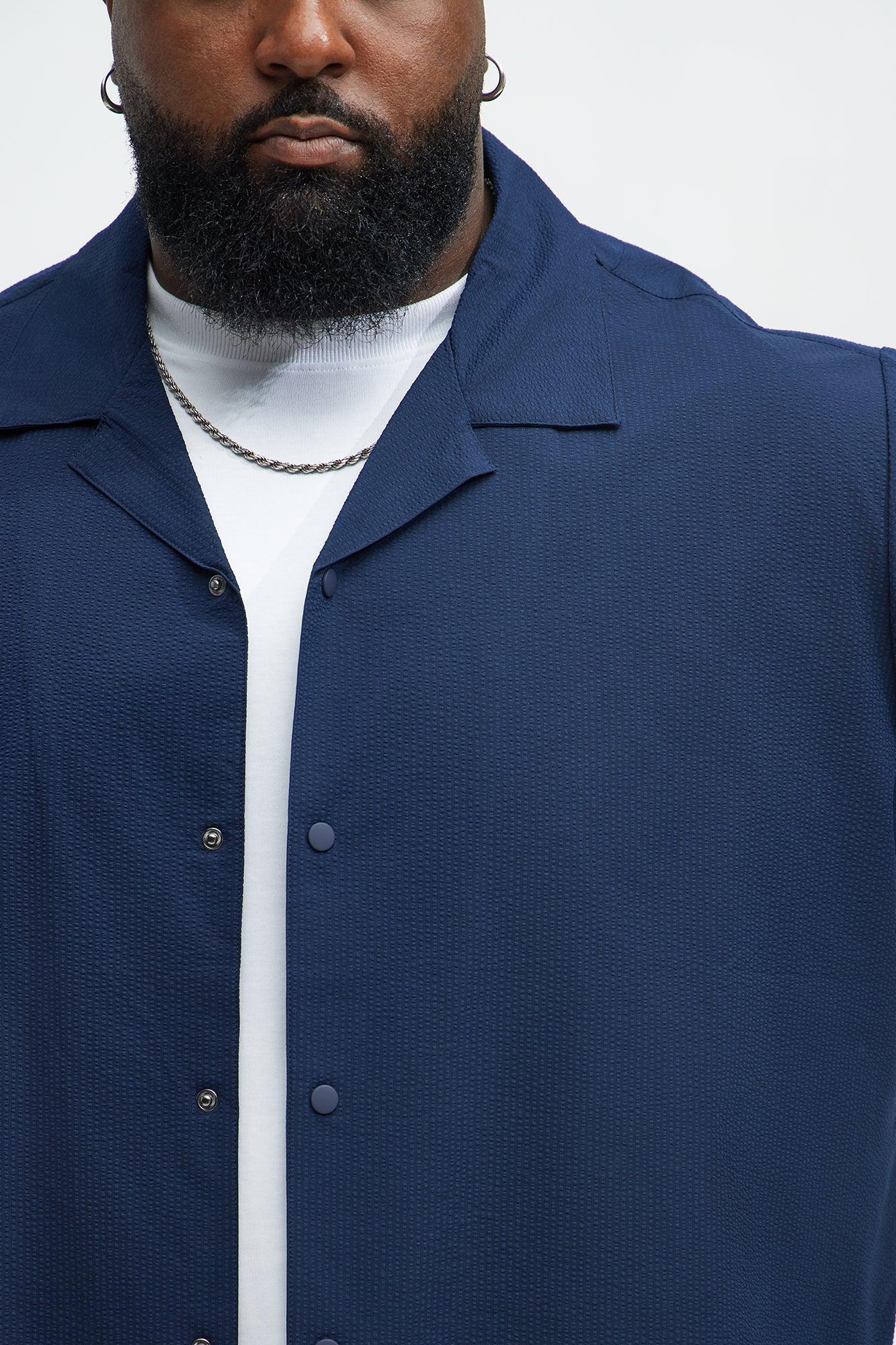 Seersucker Short Sleeve Cuban Collar Shirt - Navy Product Image