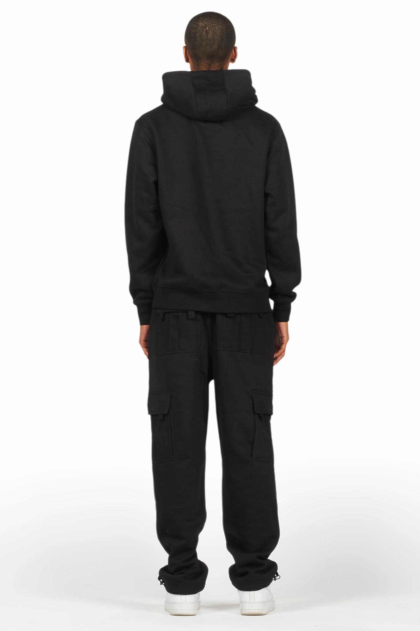 Basic Black Hoodie/Cargo Sweat Pant Set Male Product Image