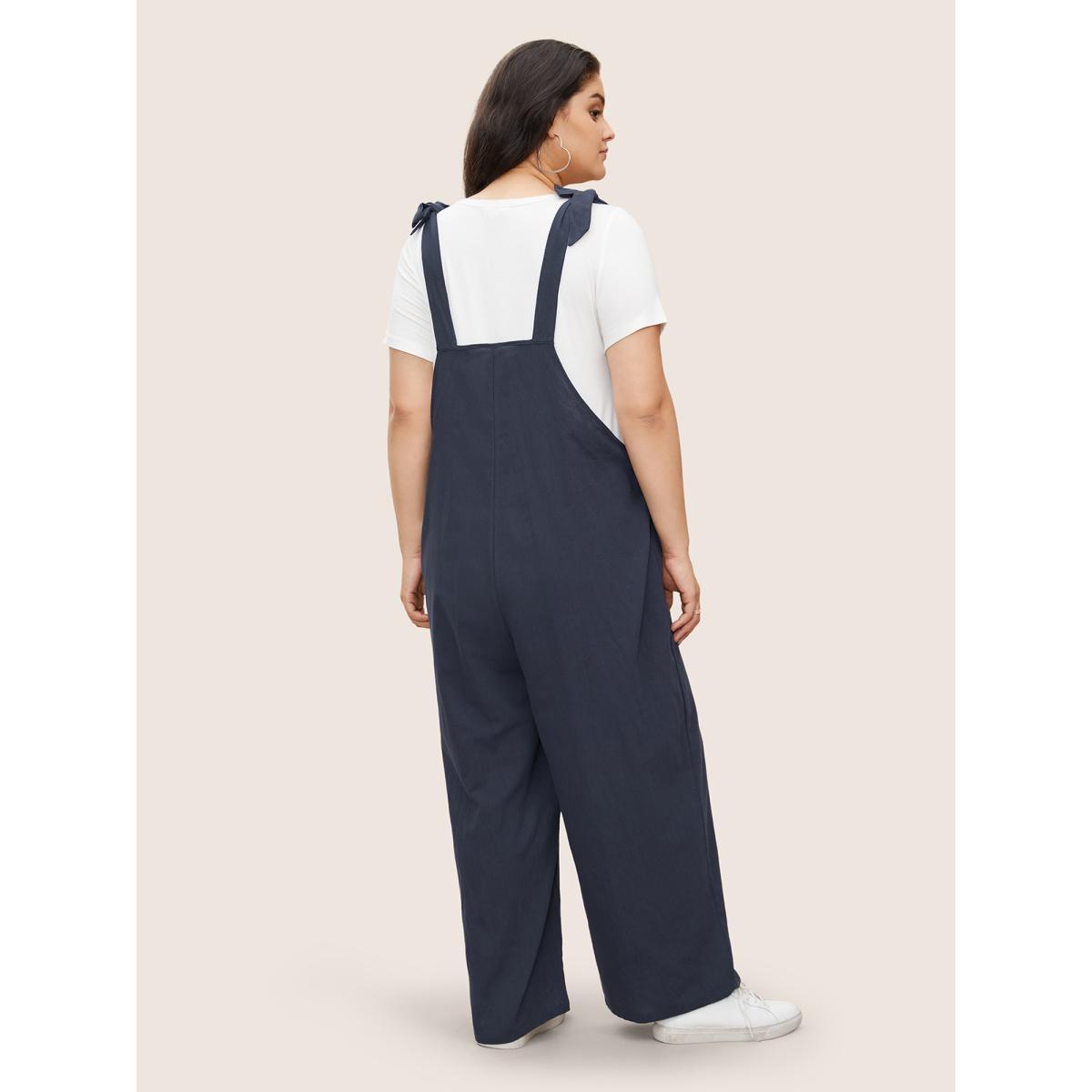 Plus Size Navy Solid Pleated Detail Pocket Knotted Shoulder Overall Jumpsuit Women Casual Sleeveless Non Everyday Loose Jumpsuits BloomChic 22-24/3X Product Image