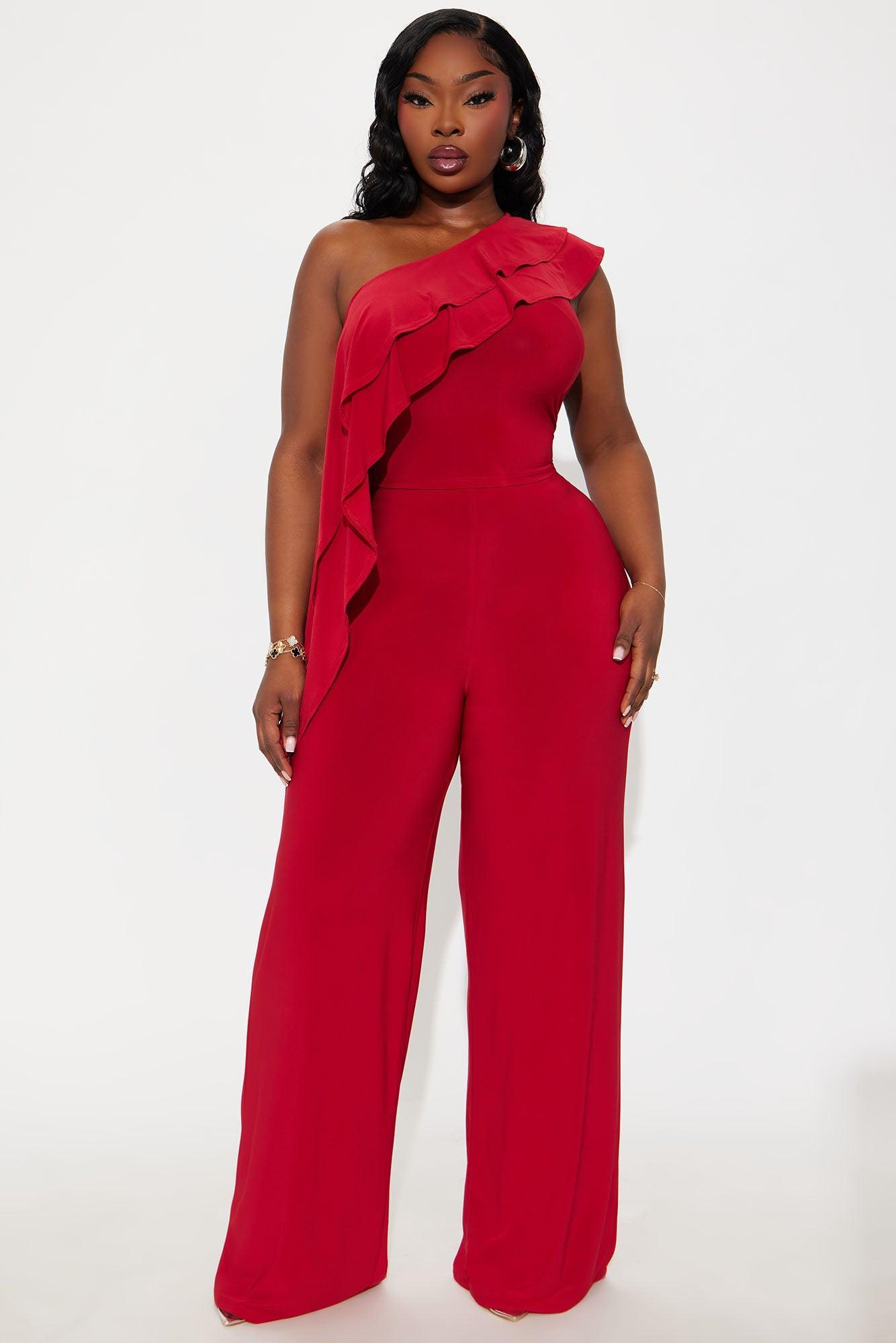 Camila One Shoulder Pant Set - Red Product Image