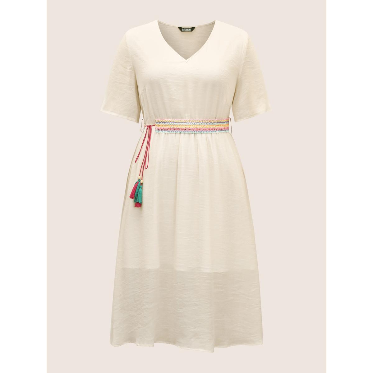 Plus Size V Neck Tassel Trim Mesh Midi Dress Originalwhite Women Resort V-neck Half Sleeve Curvy BloomChic 10/M Product Image