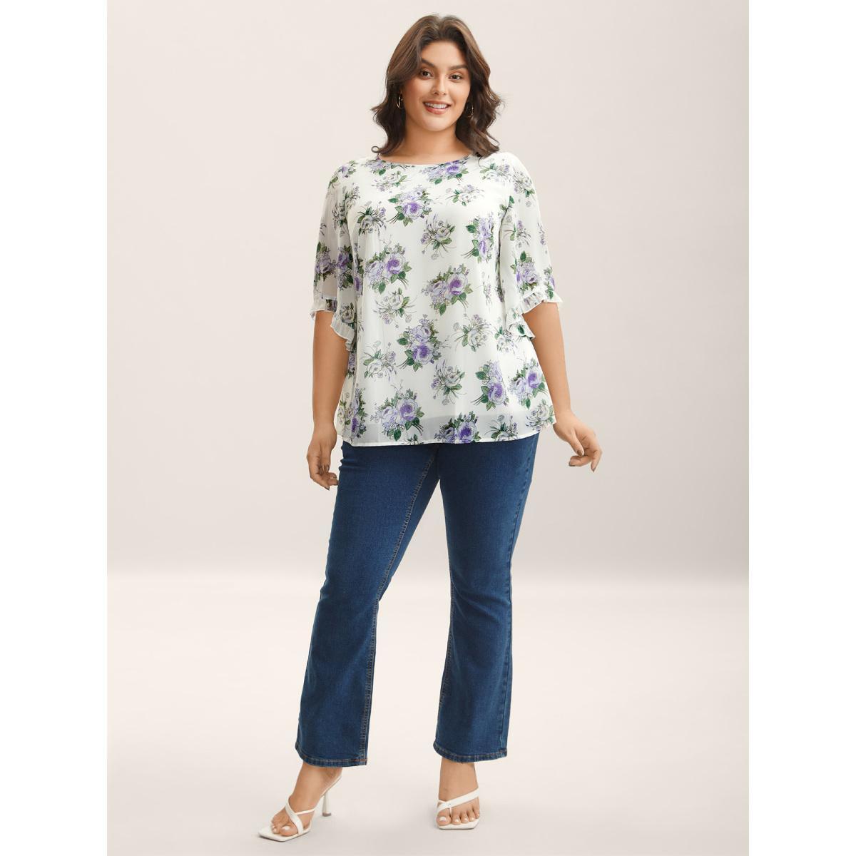 Plus Size Originalwhite Chiffon Floral Ruffled Edges Shirt Women Elegant Elbow-length sleeve Round Neck Everyday Blouses BloomChic 26/4X Product Image