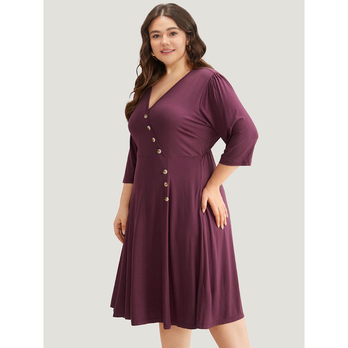 Plus Size Asymmetrical Button Detail Ruffle Hem Dress Purple Women Office Plain V-neck Elbow-length sleeve Curvy Midi Dress BloomChic 28/5X Product Image