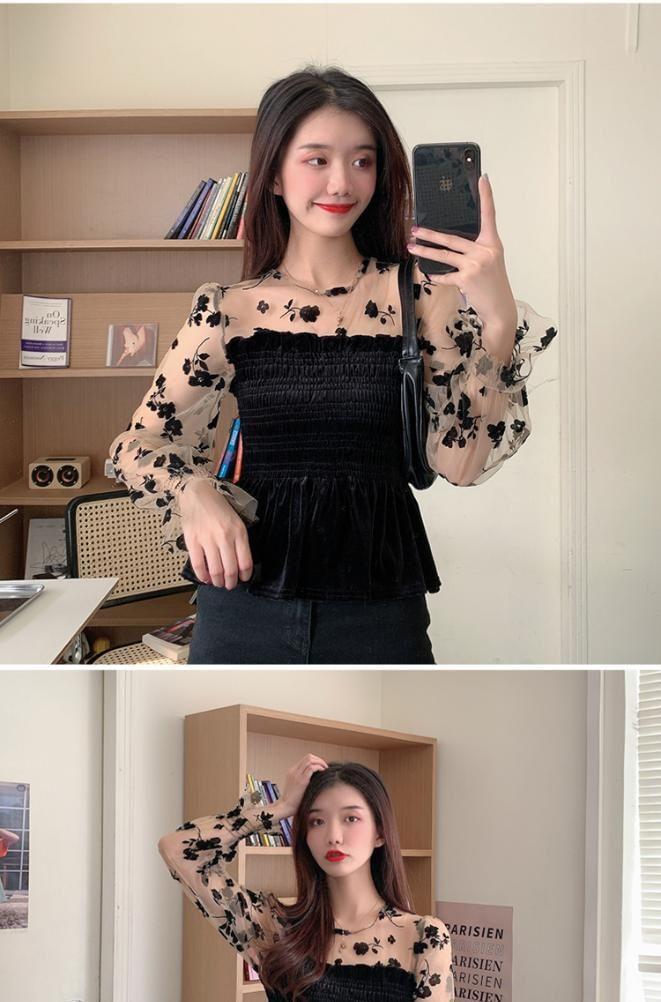 Long-Sleeve Round Neck Floral Mesh Panel Peplum Velvet Blouse Product Image