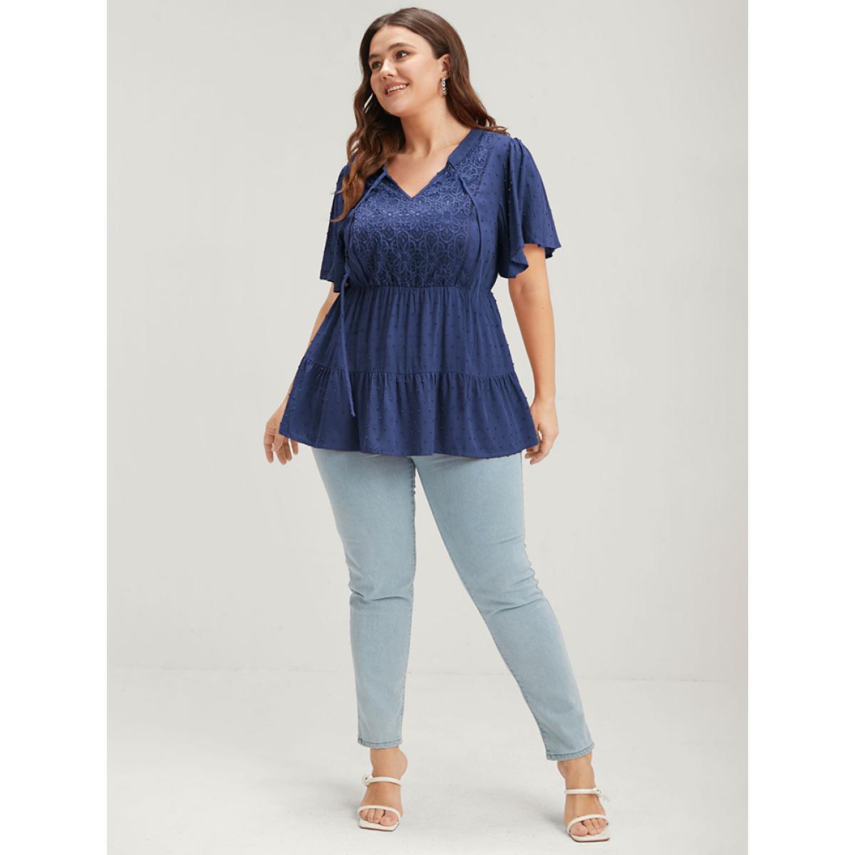 Plus Size DarkBlue Plain Crochet Lace Embroidered Ruffles Ties Neck Blouse Women Elegant Short sleeve V-neck Dailywear Blouses BloomChic 18-20/2X Product Image