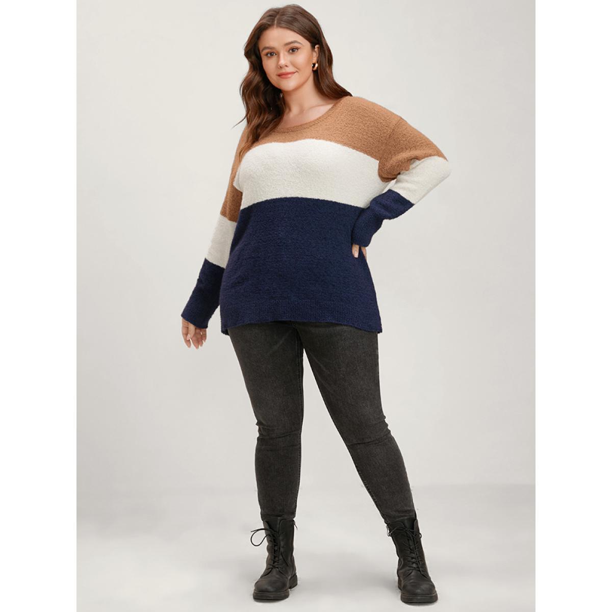 Plus Size Colorblock Contrast Super Soft Knit Round Neck Knit Top Multicolor Women Casual Loose Long Sleeve Dailywear Pullovers BloomChic 30/6X Product Image