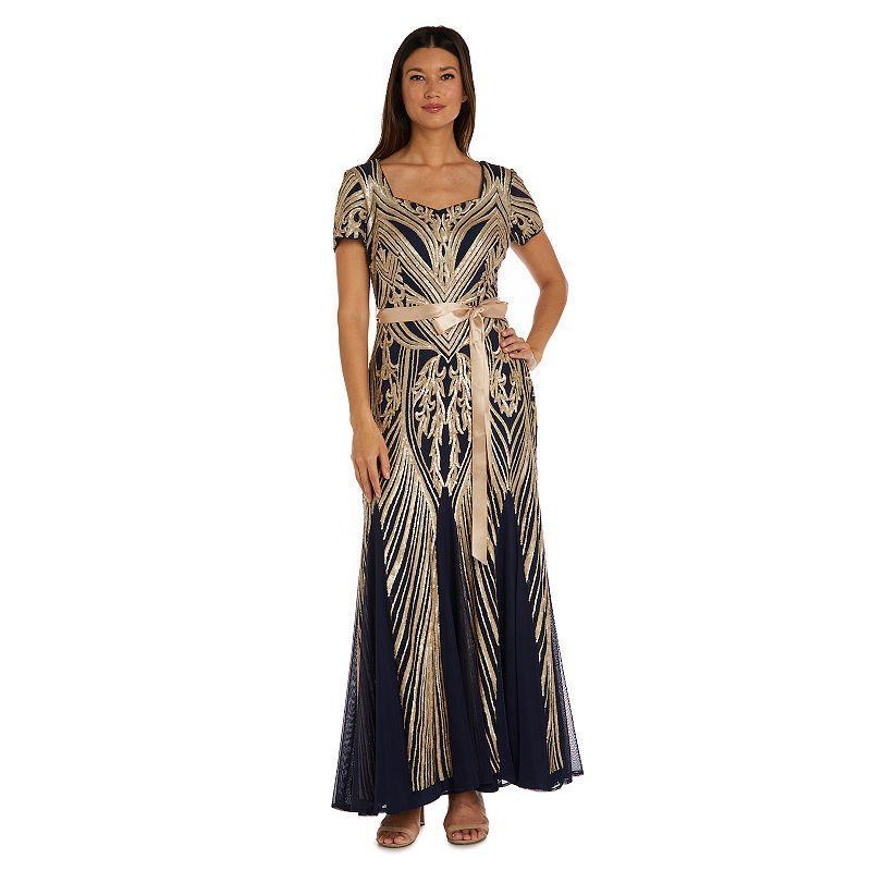 R  M Richards Petite Size Short Sleeve Sweetheart Neck Sequin Panel Godet Embellished Dress Product Image