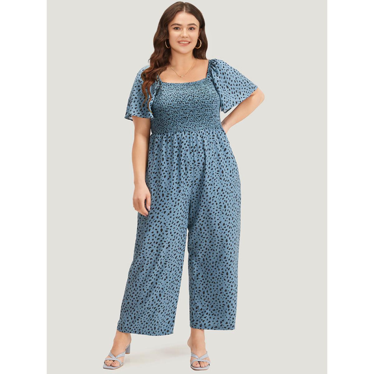 Plus Size DarkBlue Leopard Print Square Neck Shirred Flutter Sleeve Jumpsuit Women Elegant Short sleeve Square Neck Dailywear Loose Jumpsuits BloomChic 22-24/3X Product Image