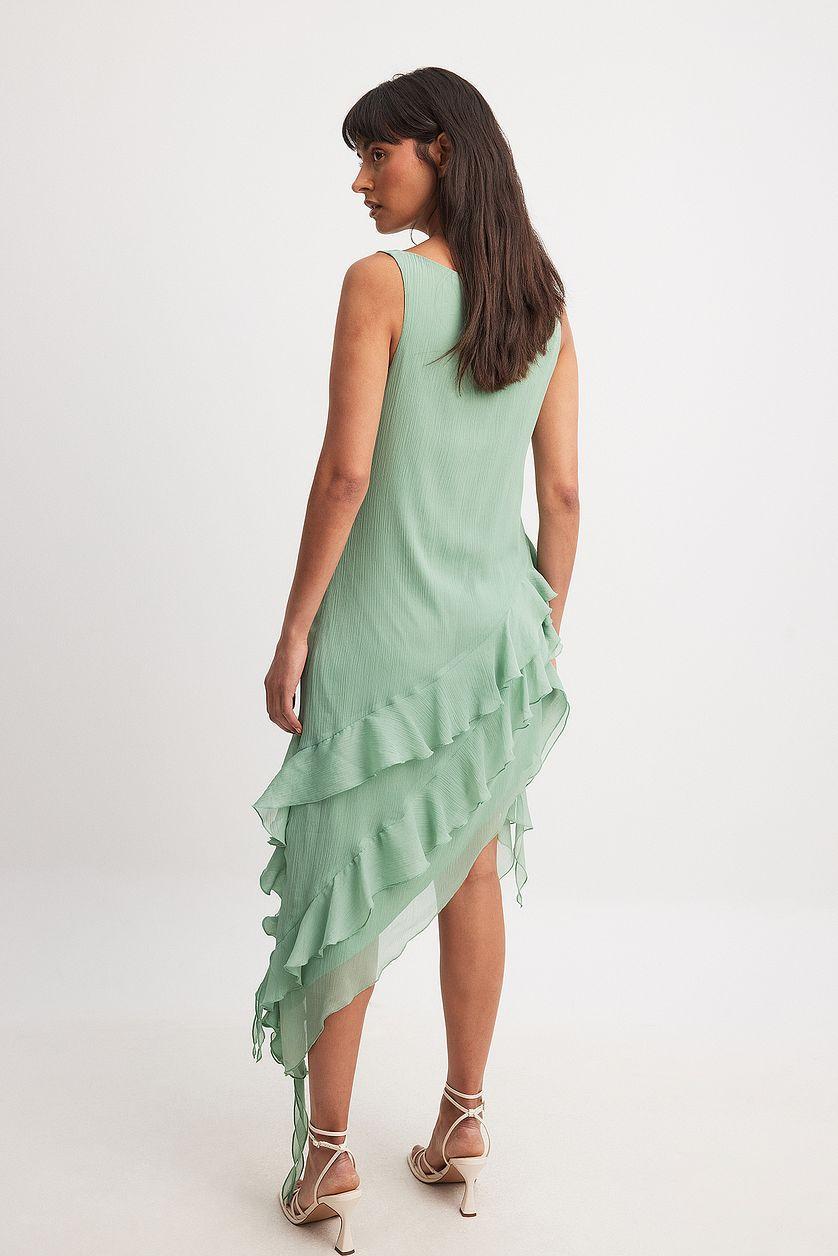 Chiffon Ruffle Detail Asymmetric Midi Dress Product Image