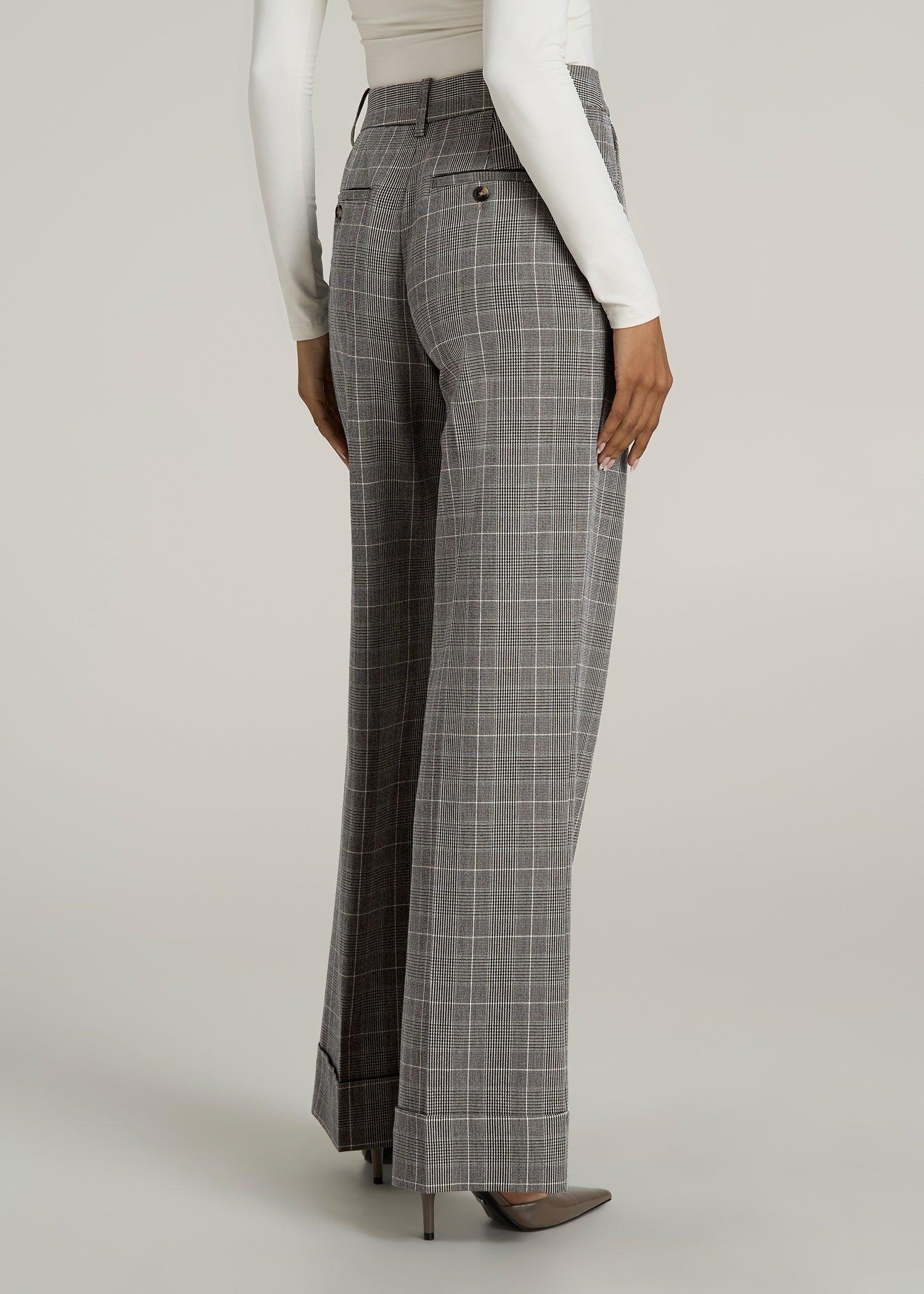 Wide-Leg Cuffed Pants for Tall Women in Navy Houndstooth with Teal Product Image
