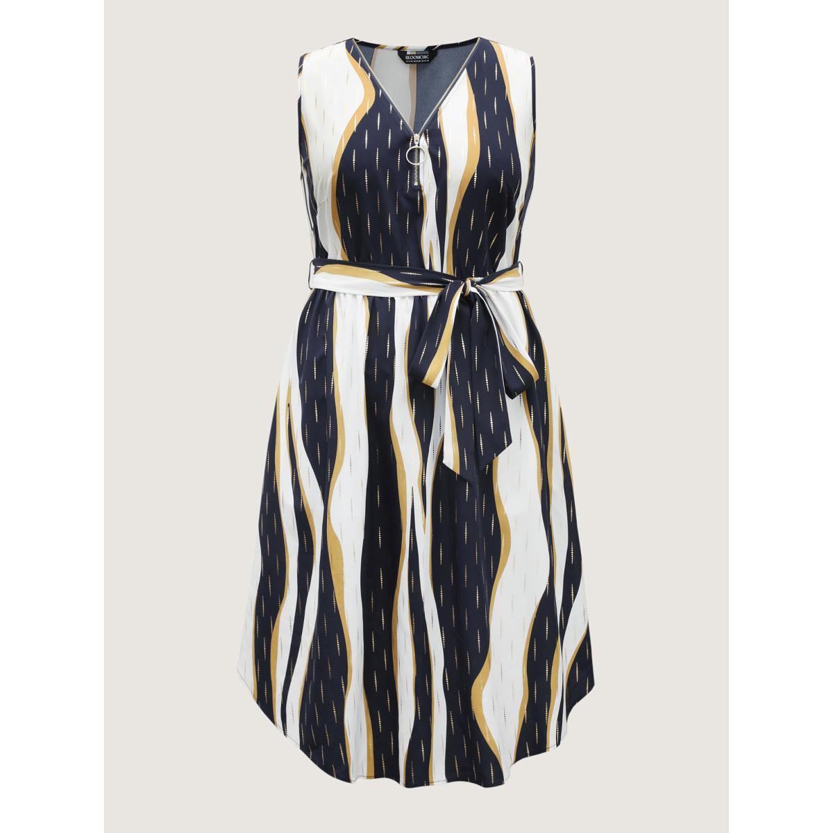 Plus Size Gold Stamp Wavy Striped Lined Midi Dress Navy Women V-neck Sleeveless Curvy BloomChic 14-16/1X Product Image