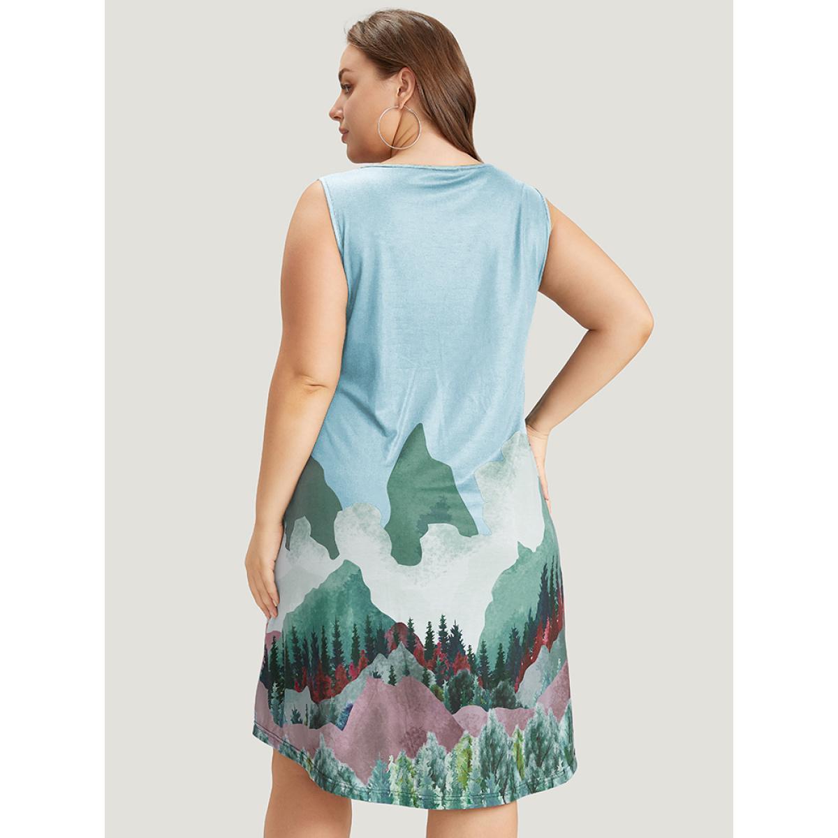 Plus Size Landscape Print Pocket Curved Hem Tank Dress LightBlue Women Casual Printed Round Neck Sleeveless Curvy Midi Dress BloomChic 22-24/3X Product Image