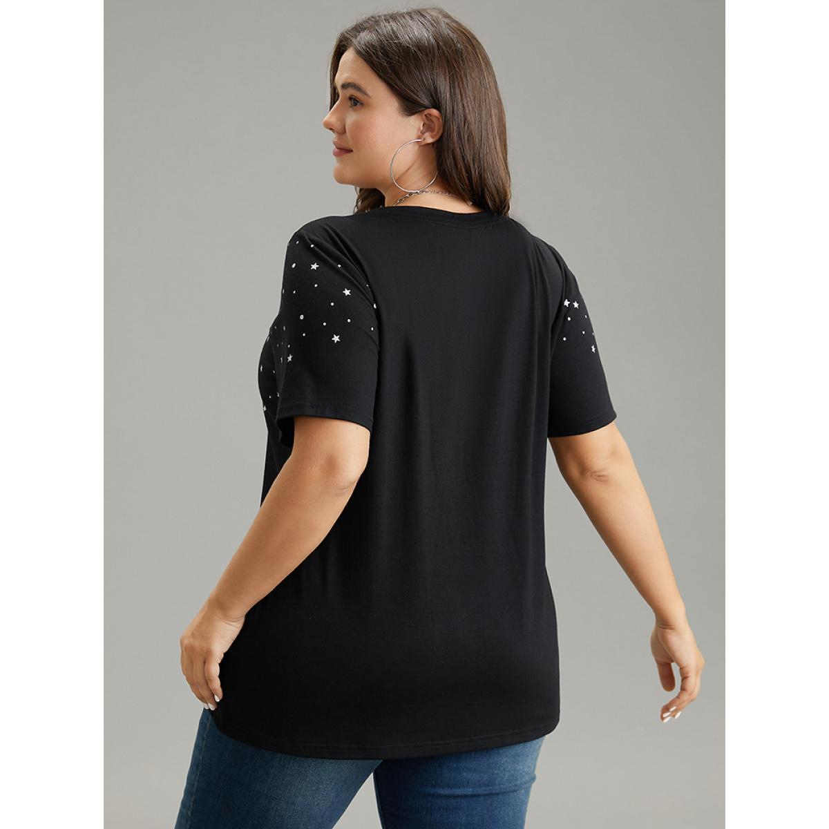 Plus Size Glitter Star Print Crew Neck T-shirt Black Women Casual Contrast Moon and Star Round Neck Dailywear T-shirts BloomChic 18-20/2X Product Image