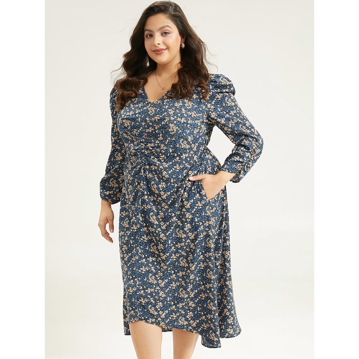 Plus Size Ditsy Floral Ruched Puff Sleeve Dress Aegean Women Elegant Printed V-neck Elbow-length sleeve Curvy Midi Dress BloomChic 18-20/2X Product Image