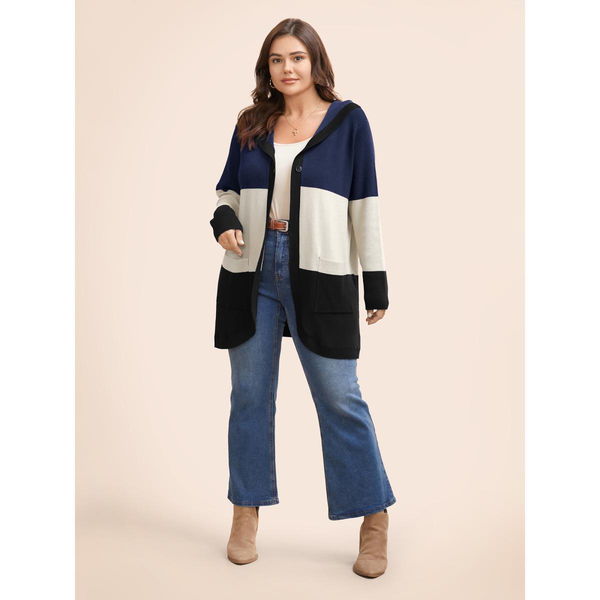 Plus Size Colorblock Contrast Patched Pocket Hooded Cardigan Navy Women Casual Loose Long Sleeve Everyday Cardigans BloomChic 12/L Product Image