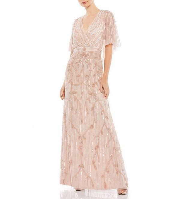 Mac Duggal V-Neck Capelete Sleeve Beaded A-Line Gown Product Image
