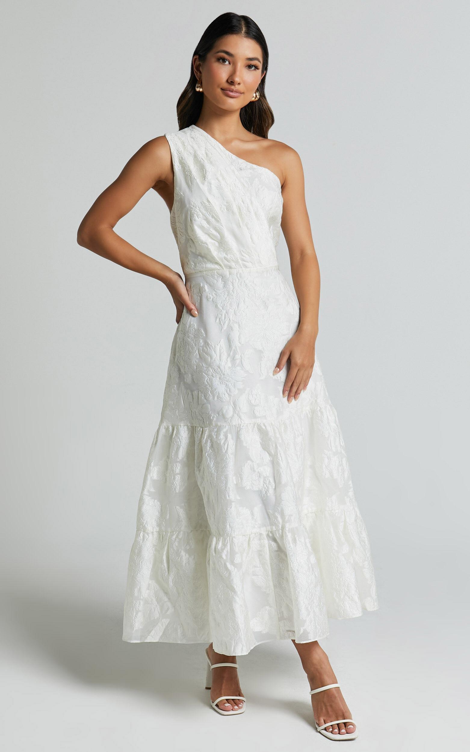 Nadette Midi Dress - One Shoulder Pleated Tiered Dress in White Product Image