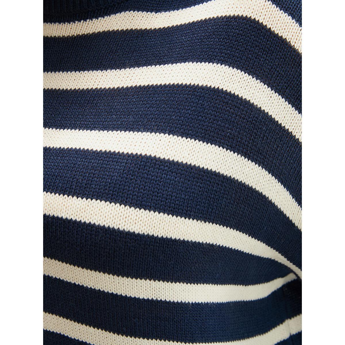 Plus Size Striped Contrast Pointelle Knit Split Hem Mock Neck Knit Top DarkBlue Women Casual Loose Long Sleeve Mock Neck Dailywear Pullovers BloomChic 12/L Product Image