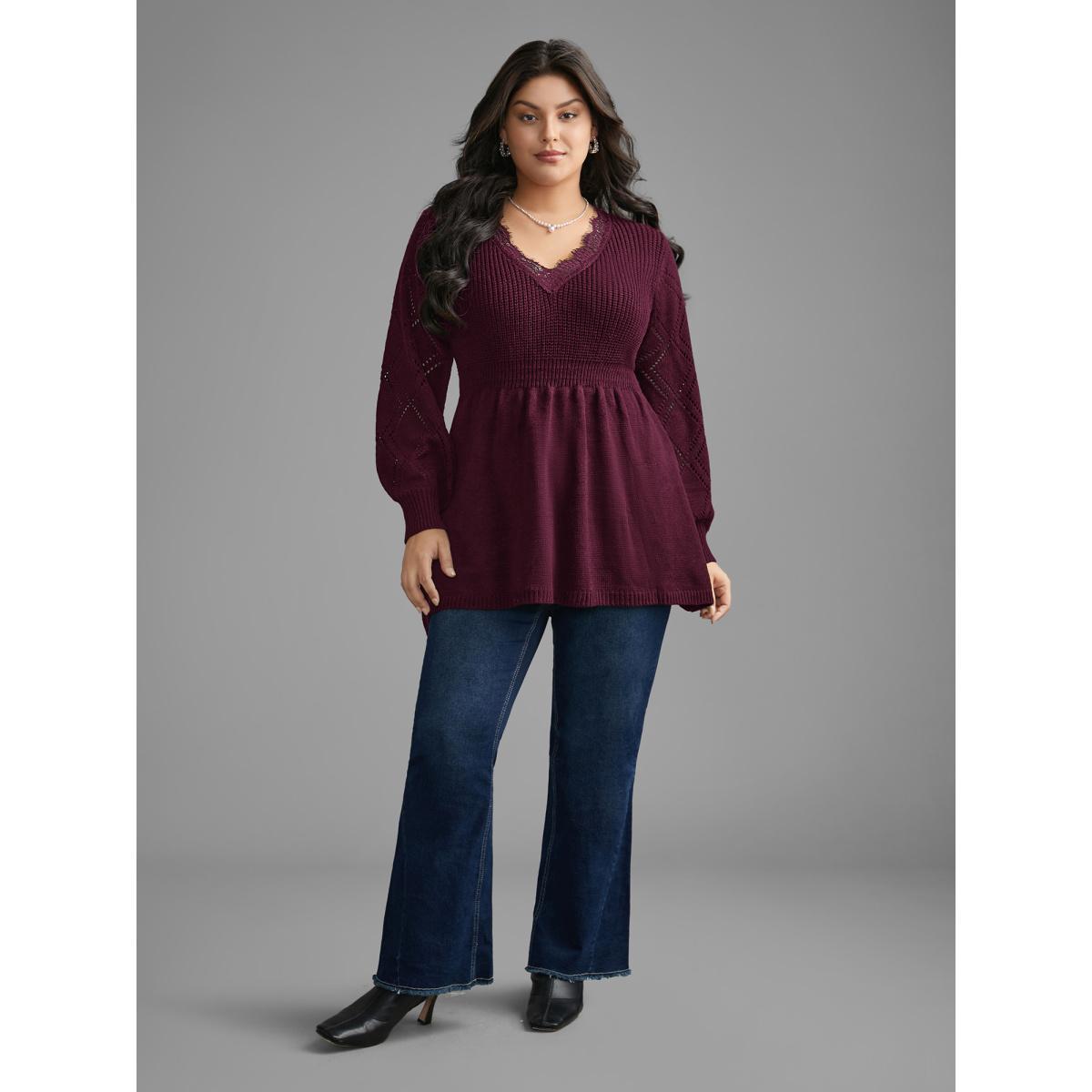 Plus Size V Neck Lace Panel Lantern Sleeve Pullover Deepred Women Casual Bodycon Long Sleeve V-neck Everyday Pullovers BloomChic 10/M Product Image