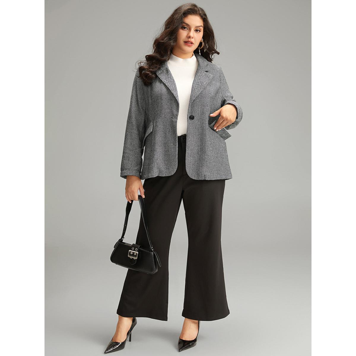 Plus Size Plain Textured Pocket Suit Collar Blazer Black Women Work Plain Texture Sleeve Long Sleeve Suit Collar 18-20/2X Pocket At the Office Blazers BloomChic Product Image