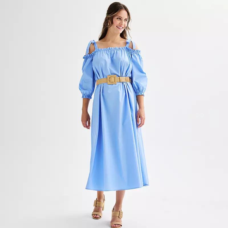 Women's Ellen Tracy Cold Shoulder Belted Maxi Dress with Ties, Size: Large, French Blue Product Image
