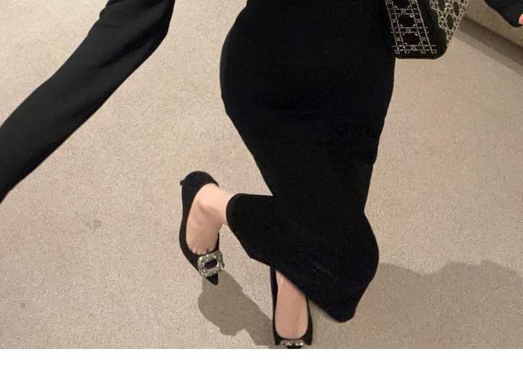 Long-Sleeve Scoop Neck Plain Cutout Buckled Midi Sheath Dress Product Image