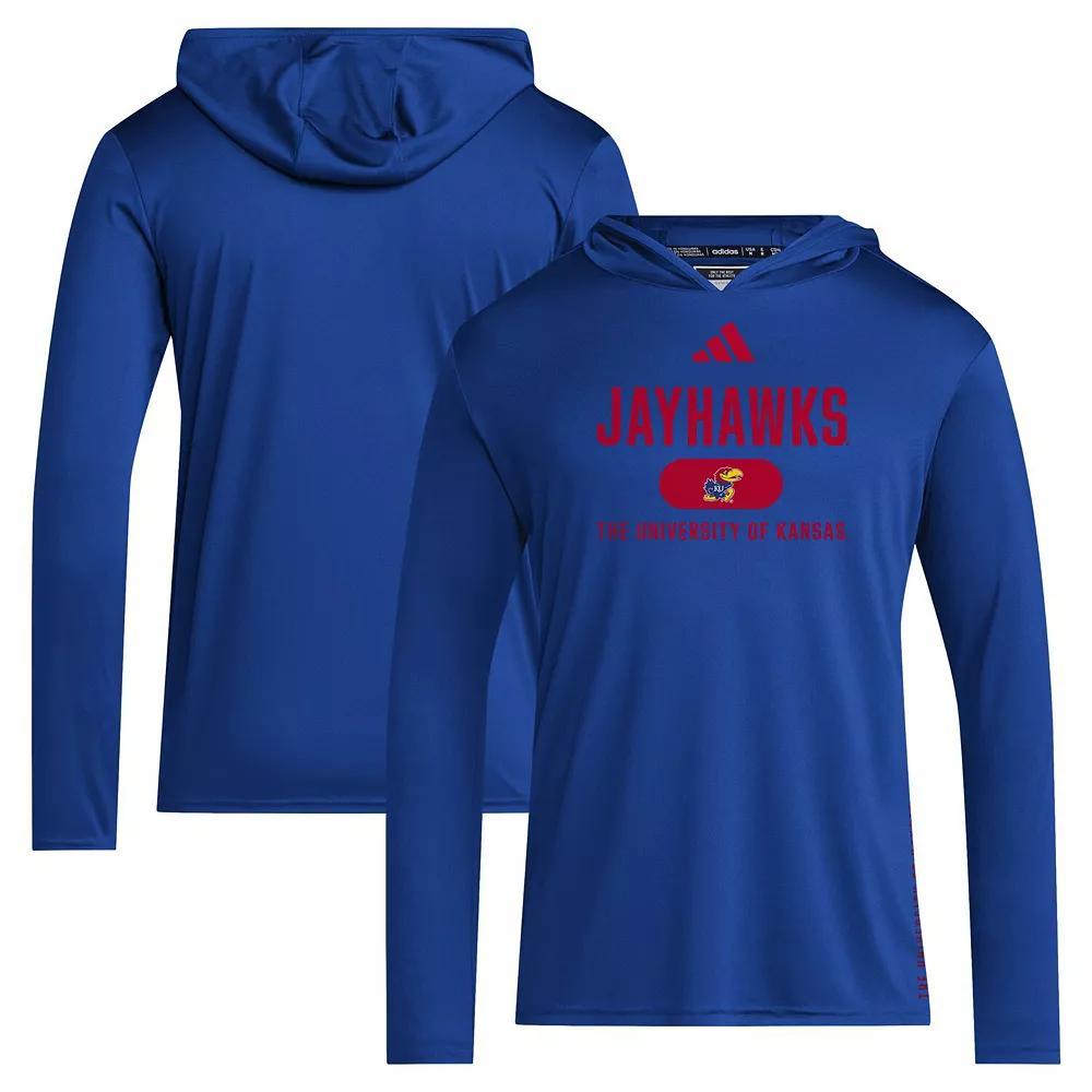 Men's adidas Royal Kansas Jayhawks 2024 Sideline Hooded Long Sleeve T-Shirt, Size: 2XL, Blue Product Image