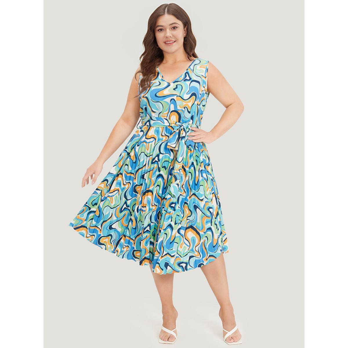 Plus Size Water Ripple Print V Neck Belted Plicated Detail Tank Dress Blue Women Elegant Belted V-neck Sleeveless Curvy Midi Dress BloomChic 18-20/2X Product Image