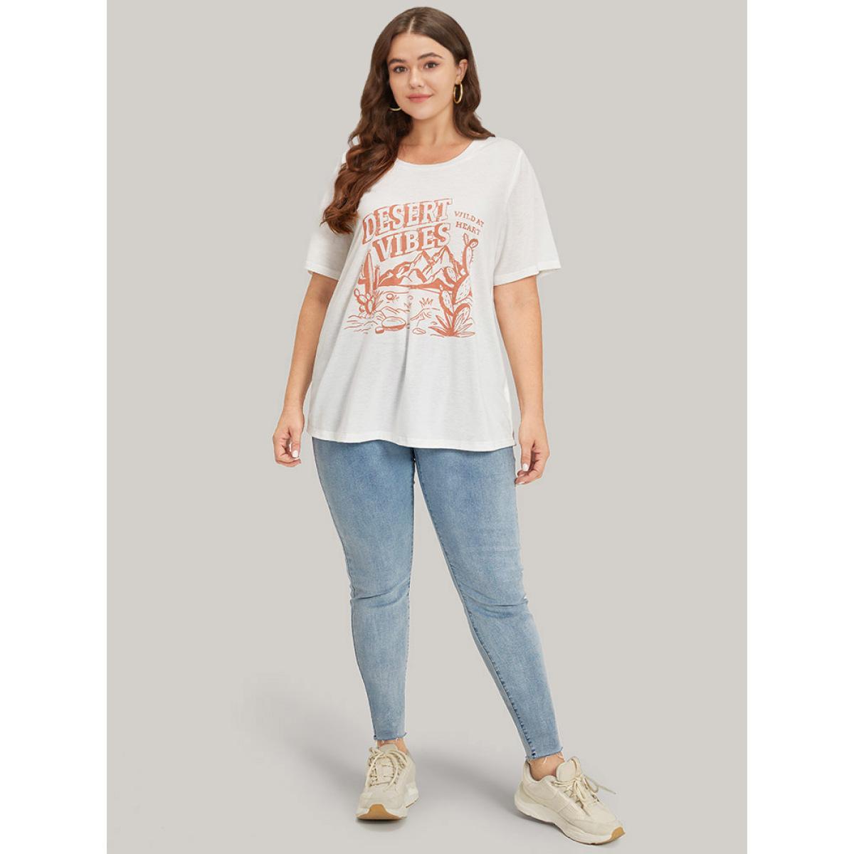 Plus Size Cactus & Letter Print Crew Neck T-shirt White Women Casual Printed Landscape Dailywear T-shirts BloomChic 30/6X Product Image
