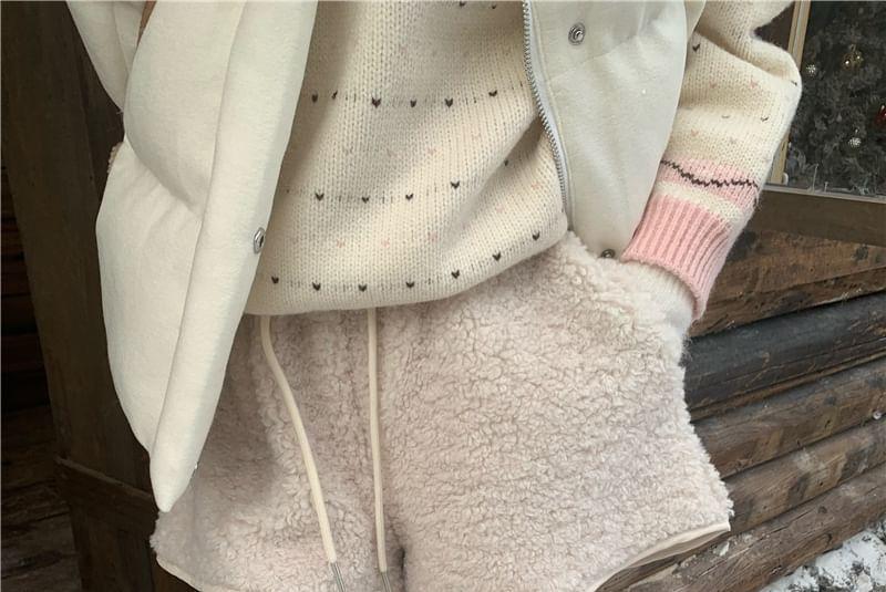 Drawstring Waist Plain Fleece Wide Leg Shorts Product Image