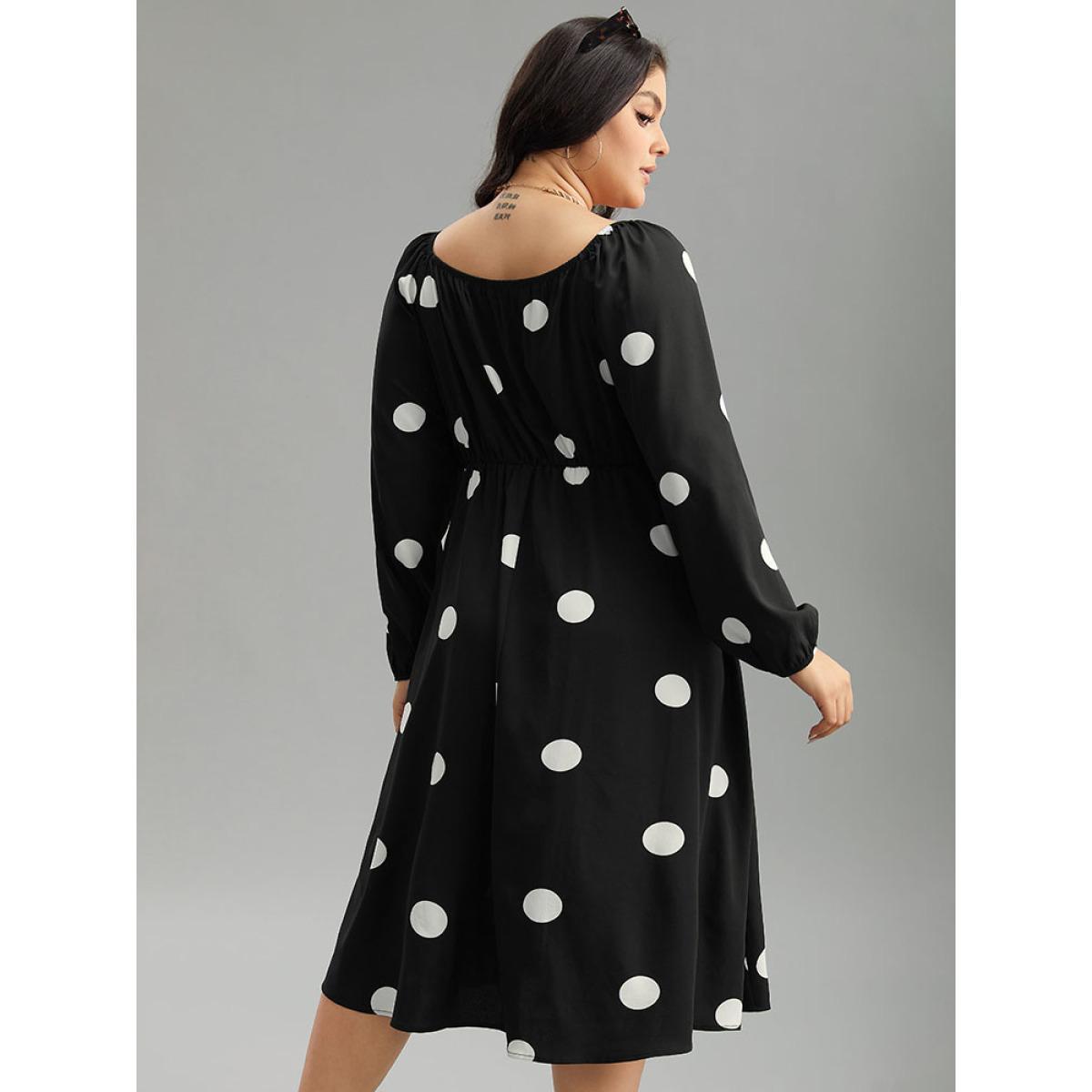 Plus Size Polka Dot Square Neck Gathered Elastic Cuffs Dress Black Women Elegant Elastic cuffs Square Neck Long Sleeve Curvy Midi Dress BloomChic 12/L Product Image