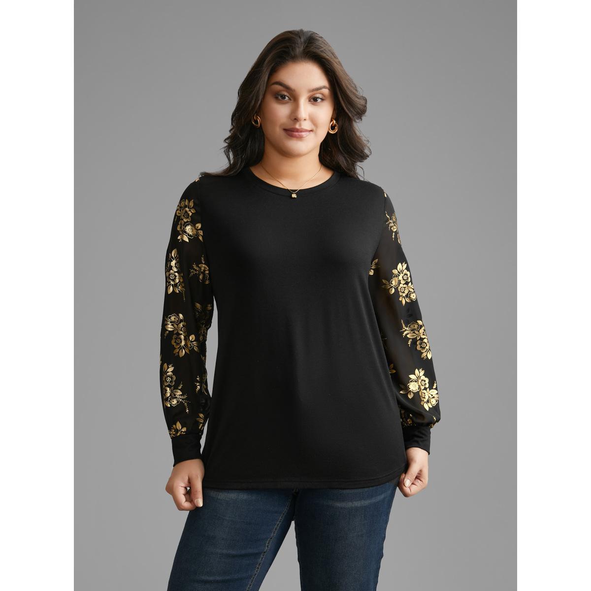 Plus Size Glitter Floral Patchwork Mesh T-shirt Black Women Elegant Contrast Natural Flowers Round Neck Everyday T-shirts BloomChic 18-20/2X Product Image