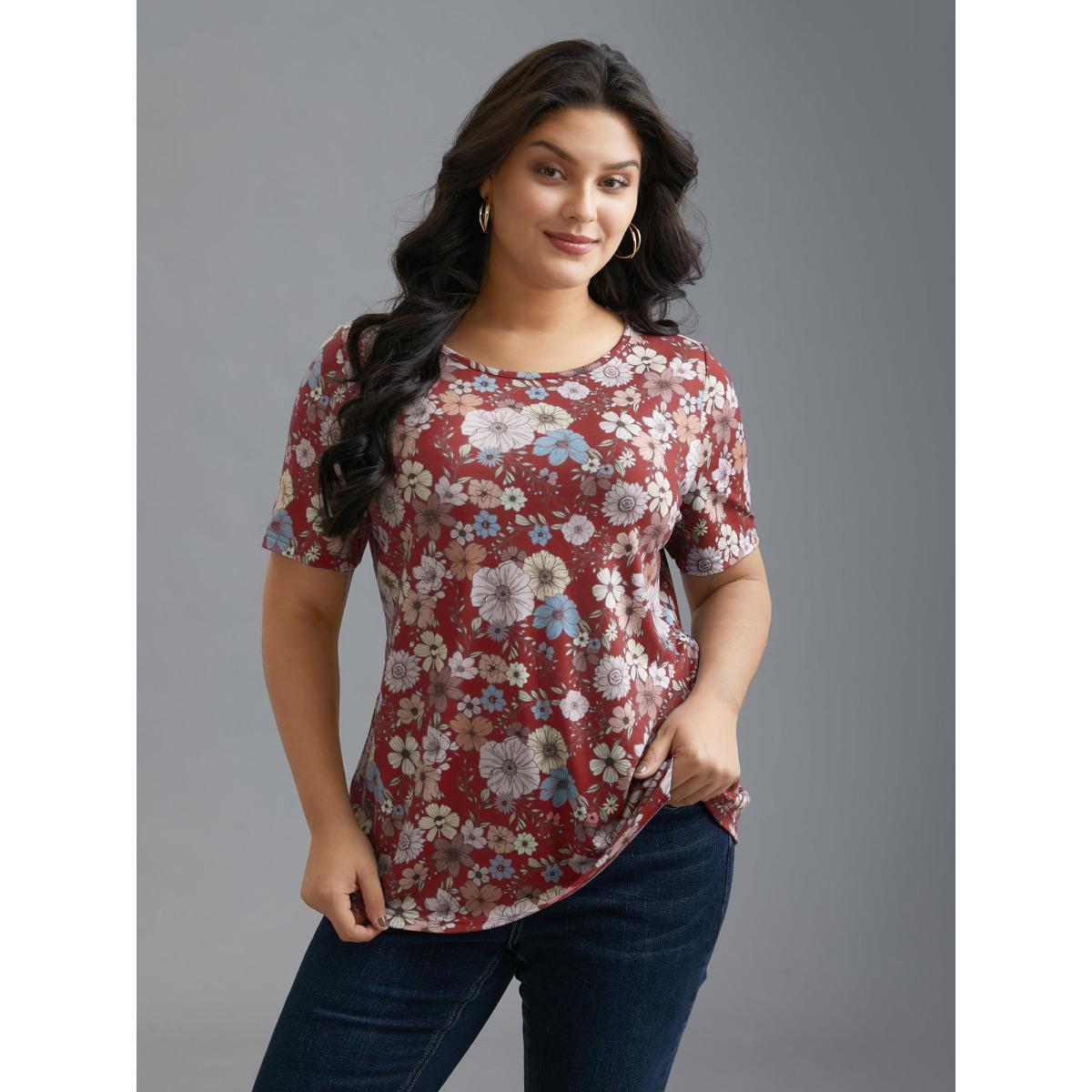 Plus Size Crew Neck Floral Print Stretchy T-Shirt Burgundy Women Casual Contrast Natural Flowers Round Neck Everyday T-shirts BloomChic 30/6X Product Image