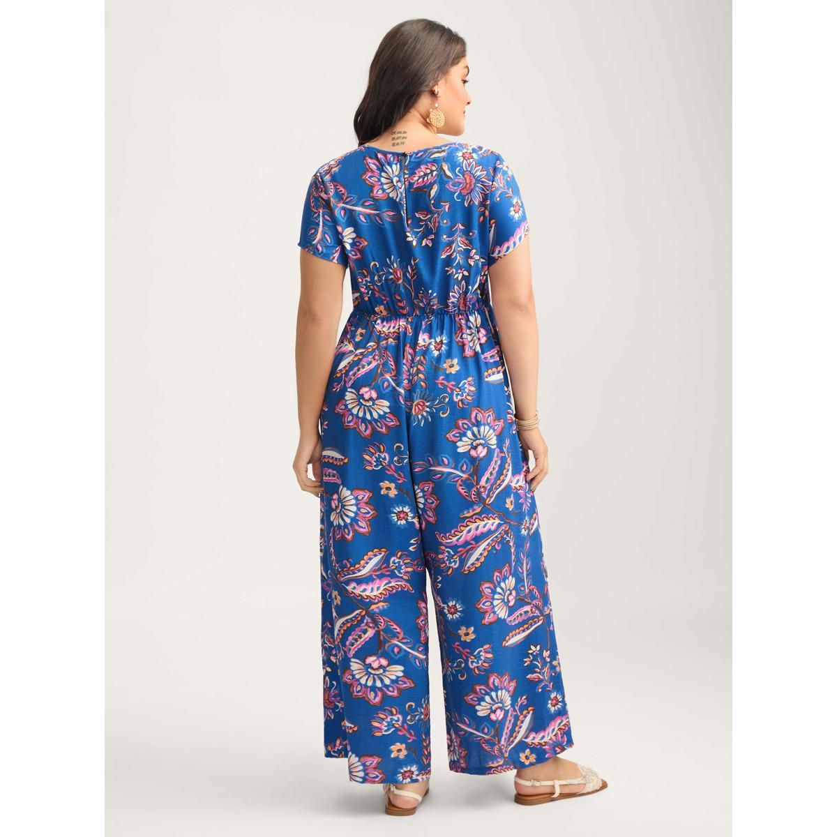 Plus Size DarkBlue Floral Shirred Bodice Pockets Jumpsuit Women Cap Sleeve Round Neck Vacation Loose Jumpsuits BloomChic 14-16/1X Product Image