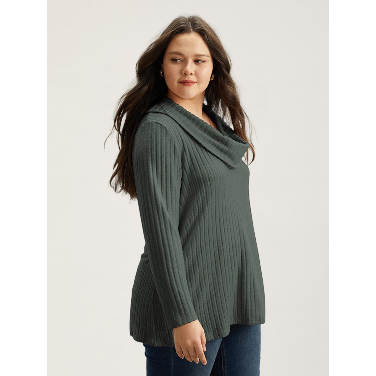 Plus Size Plain Rib Knit Cowl Neck T-shirt Green Women Elegant Texture Plain Ruffled collar Dailywear T-shirts BloomChic 26/4X Product Image