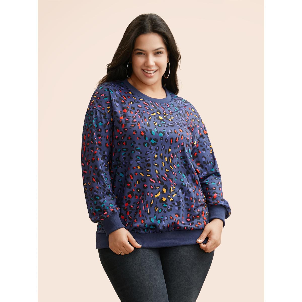 Plus Size Round Neck Color Leopard Print Sweatshirt Women DarkBrown Casual Contrast Round Neck Everyday Sweatshirts BloomChic 10/M Product Image