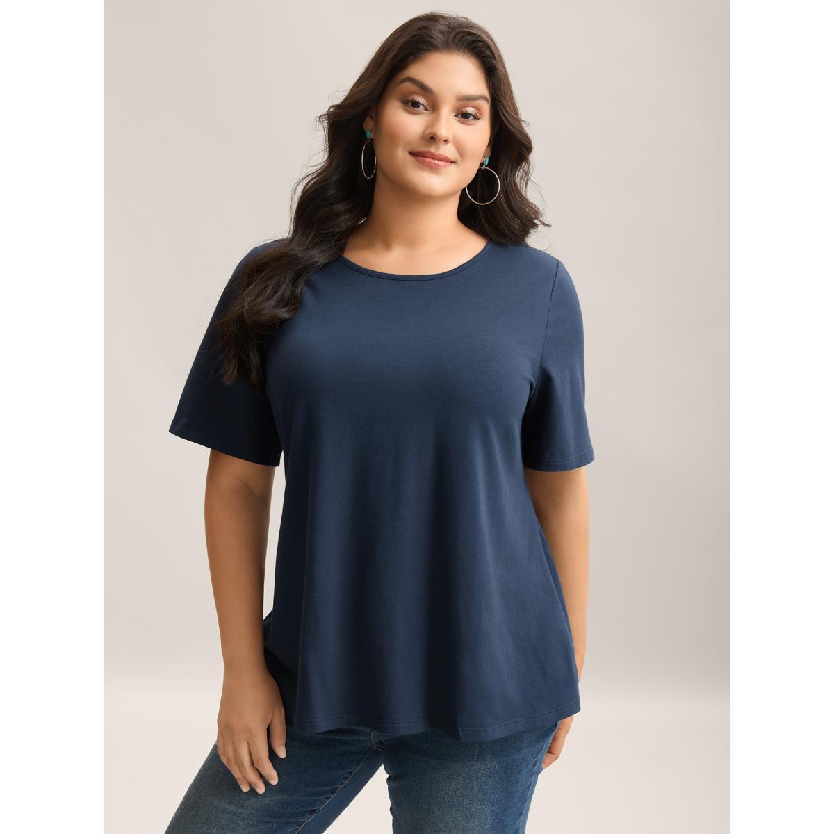 Plus Size Pure Cotton Knotted Backless T-Shirt Midnight Women Twist Round Neck Vacation T-shirts BloomChic 10/M Product Image