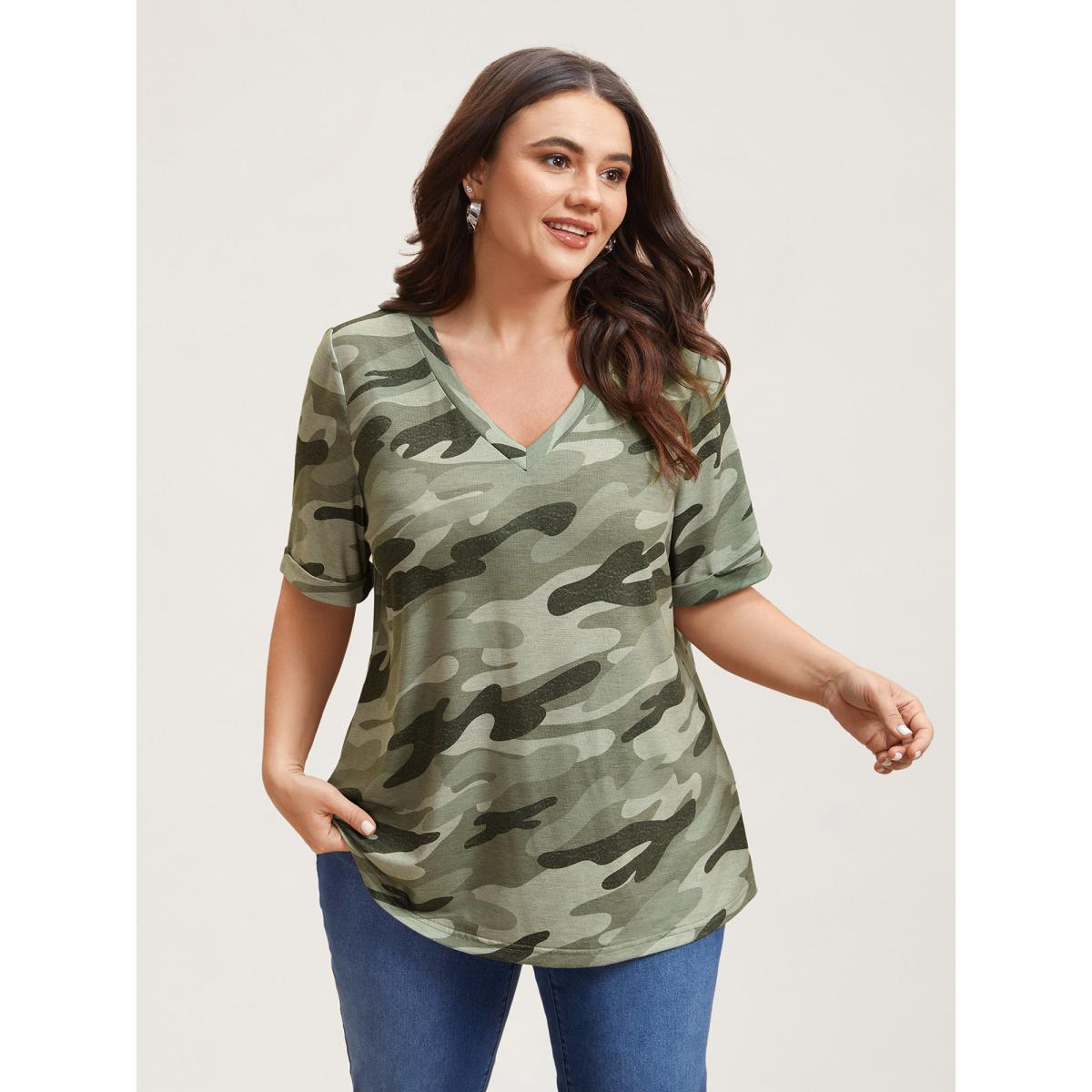 Plus Size Camouflage Print V-Neck Curvy T-Shirt Multicolor Women Elegant Roll Hem V-neck Everyday T-shirts BloomChic 18-20/2X Product Image