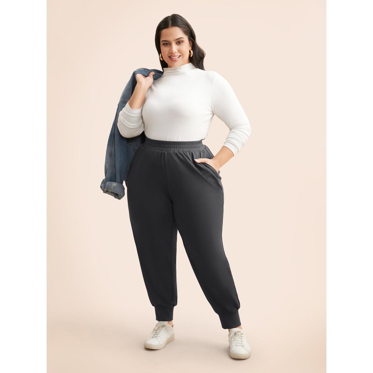 Plus Size Solid Elastic Waist Carrot Pants Women DimGray Casual Mid Rise Everyday Pants BloomChic 12/L Product Image
