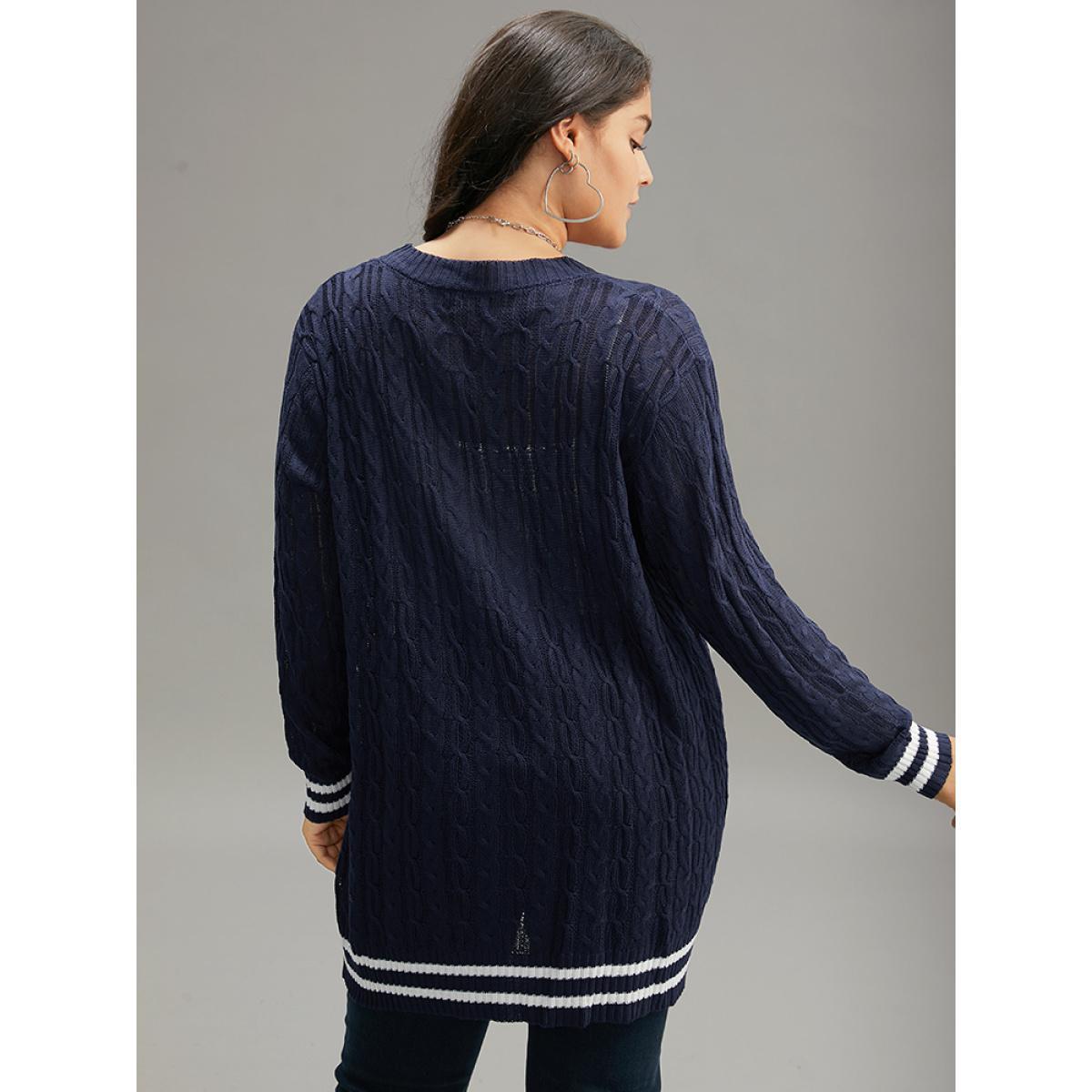 Plus Size Cable Knit Striped Patchwork Button Through Cardigan Indigo Women Casual Loose Long Sleeve Dailywear Cardigans BloomChic 22-24/3X Product Image