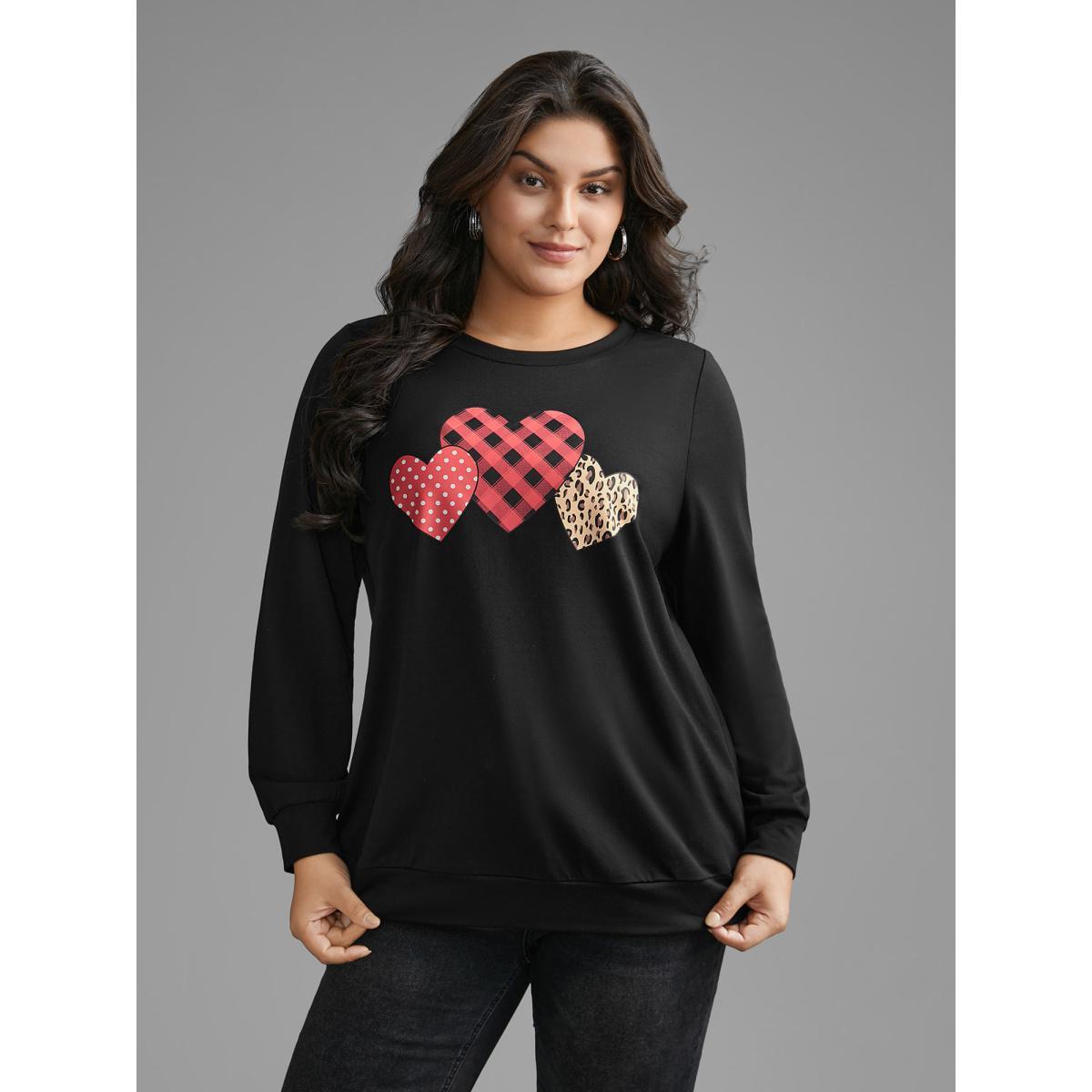 Plus Size Crew Neck Heart Print Sweatshirt Women Black Casual Non Round Neck Everyday Sweatshirts BloomChic 28/5X Product Image