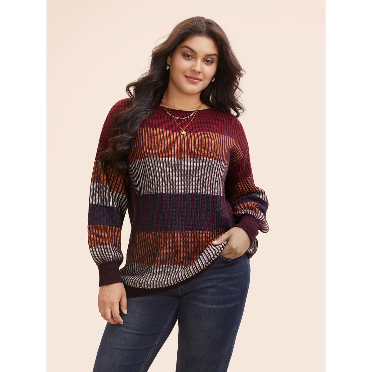 Plus Size Textured Striped Contrast Patchwork Pullover Deepred Women Casual Long Sleeve Round Neck Everyday Pullovers BloomChic 10/M Product Image
