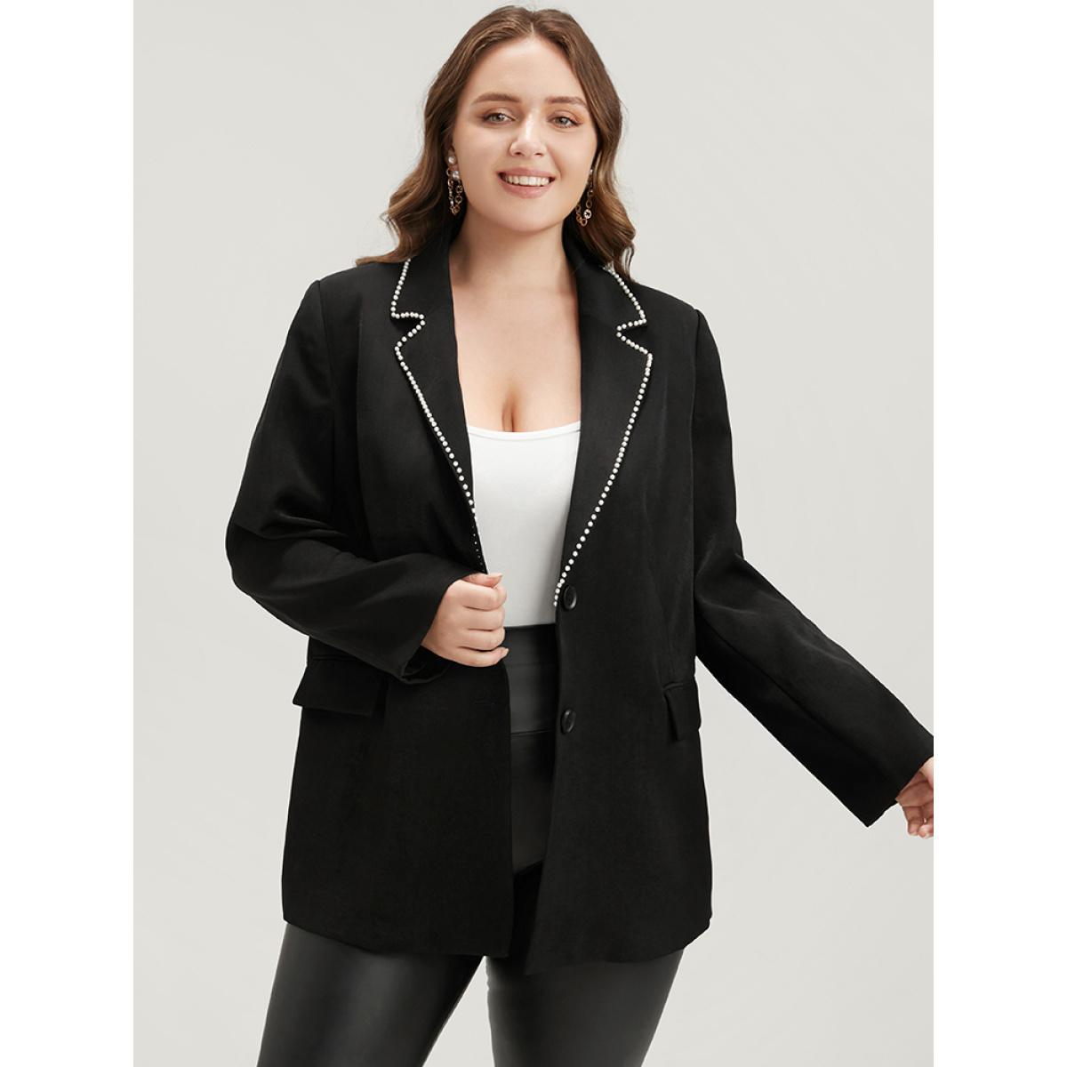 Plus Size Solid Beaded Button Up Flap Pocket Blazer Black Women Work Plain Beaded Sleeve Long Sleeve Suit Collar 30/6X Pocket Office Blazers BloomChic Product Image