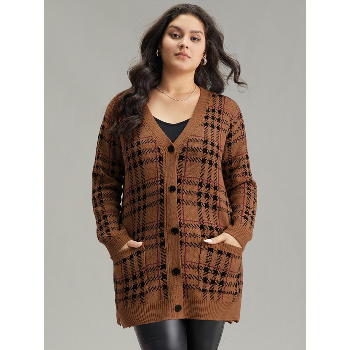 Plus Size Plaid & Houndstooth Print Patched Pocket Cardigan DarkBrown Women Casual Loose Long Sleeve Dailywear Cardigans BloomChic 10/M Product Image