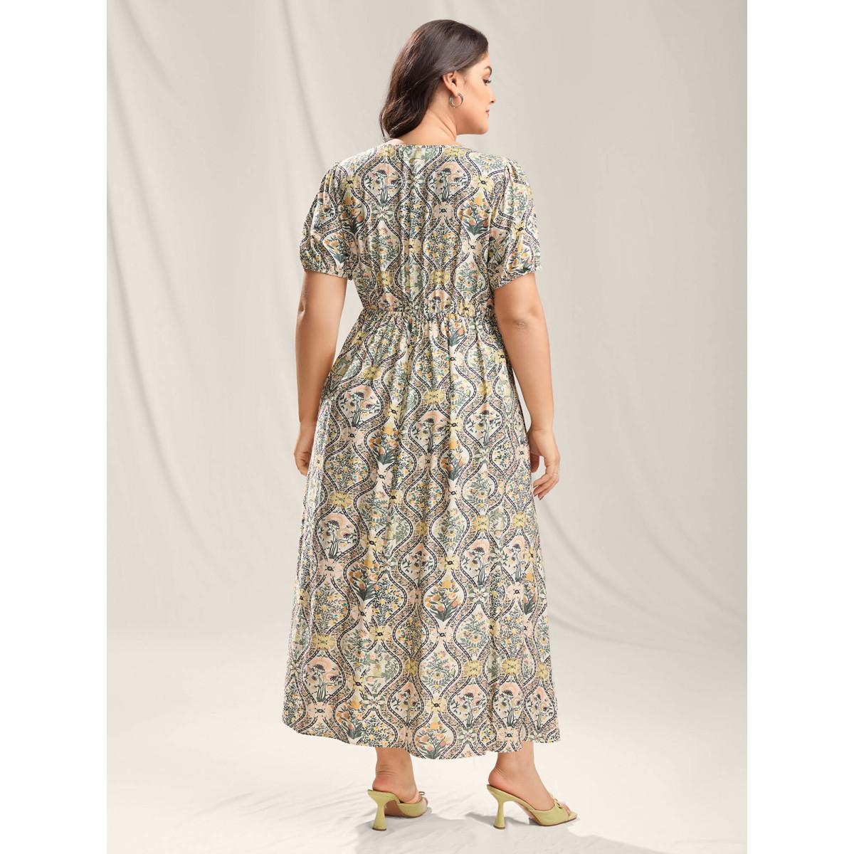 Plus Size Ornate Print Lace Neck Midi Dress Greenbean Women Notched collar Short sleeve Curvy BloomChic 26/4X Product Image