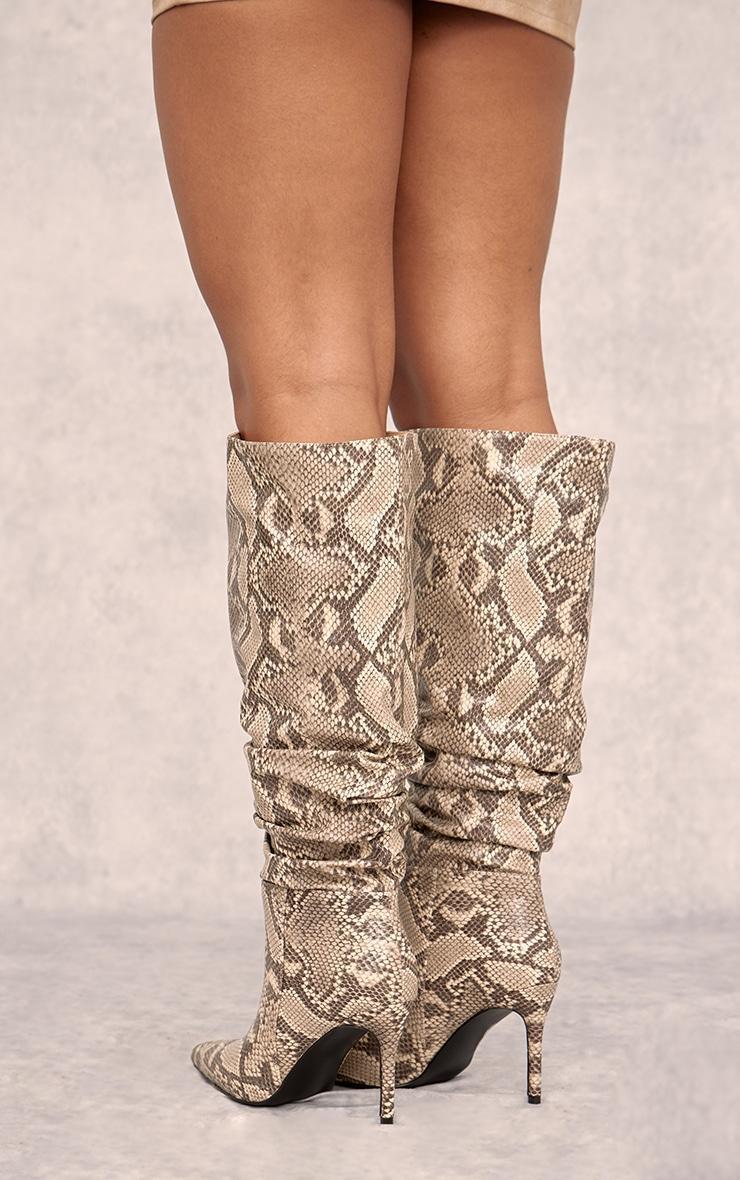 Snake Print PU Point Toe Ruched Stiletto Heeled Knee Boots Product Image