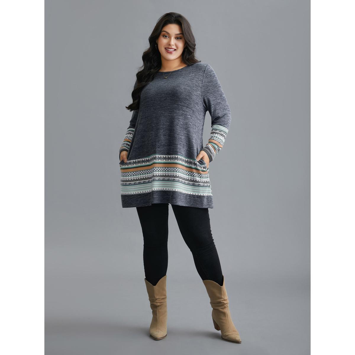 Plus Size Tunic Boho Print Pocket T-shirt Indigo Women Casual Contrast Round Neck Loose Everyday T-shirts BloomChic 22-24/3X Product Image
