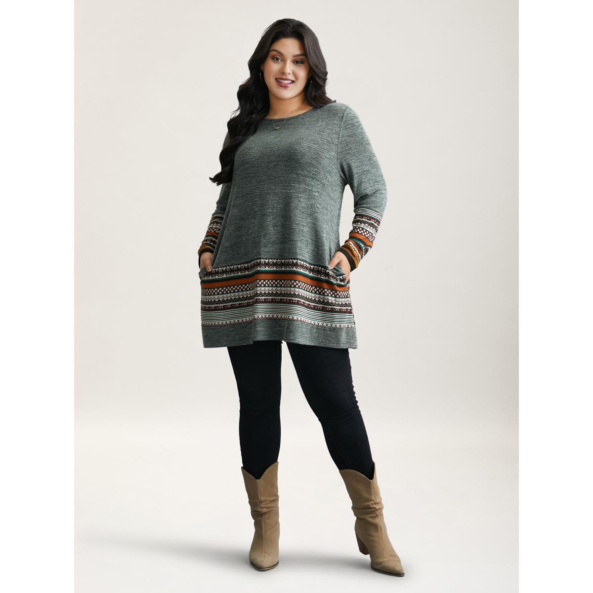 Plus Size Tunic Boho Print Pocket T-shirt Sage Women Casual Contrast Round Neck Loose Everyday T-shirts BloomChic 30/6X Product Image